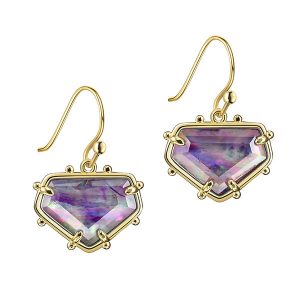 Gold Drop Earrings Purple Abalone Shell on Glass