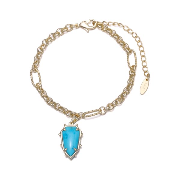 Brass-based Link Chain Blue Turquoise Bacelet In 18K And 14K Gold