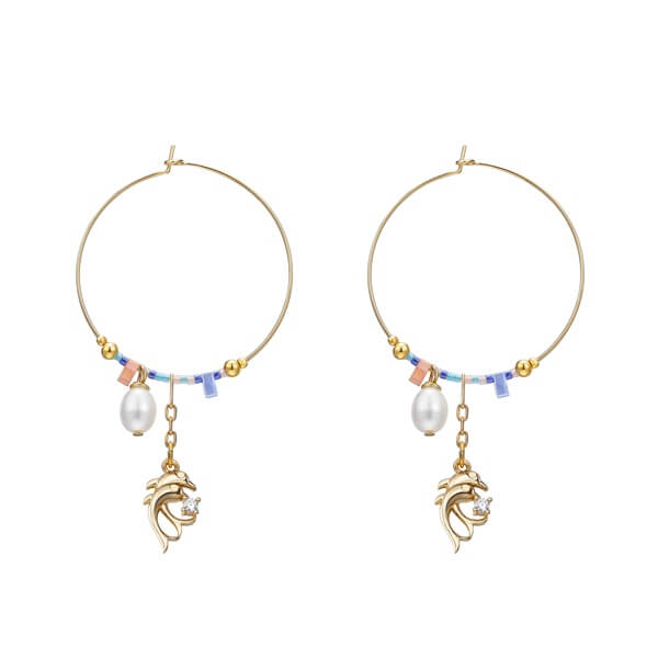 Cute Golden Dolphin Drops Pearl Hoop Earrings