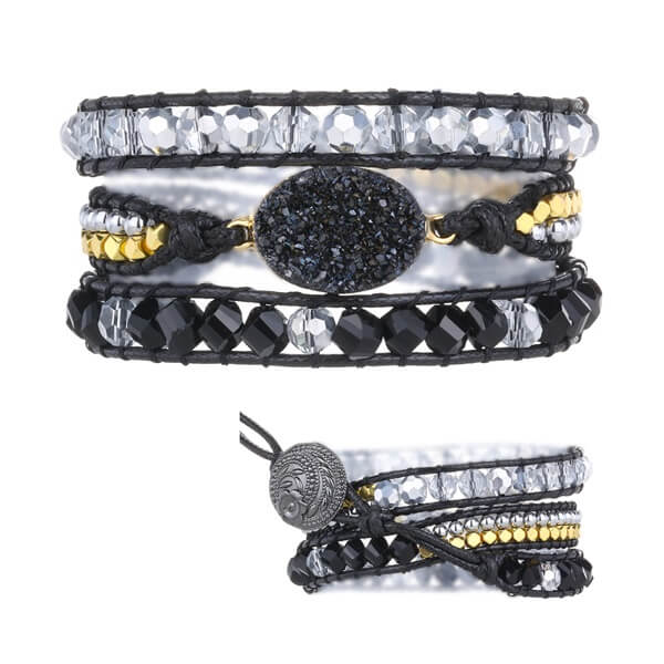 Black Amethyst Bracelet Decorated with Crystal and Gallstone Beads -1