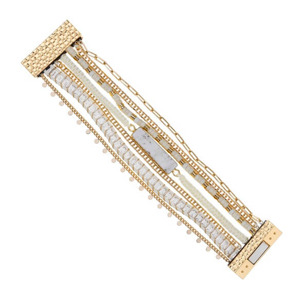 White Marble Bar Bracelet Cuff Layer with Sparkled Beads and Copper Chains-1