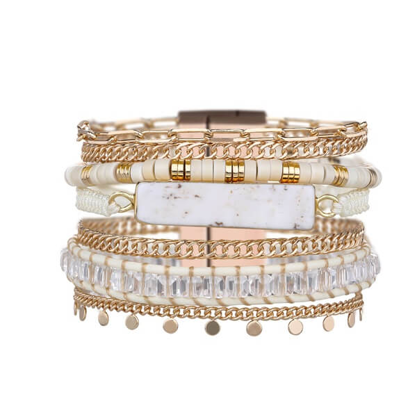 White Marble Bar Bracelet Cuff Layer with Sparkled Beads and Copper Chains