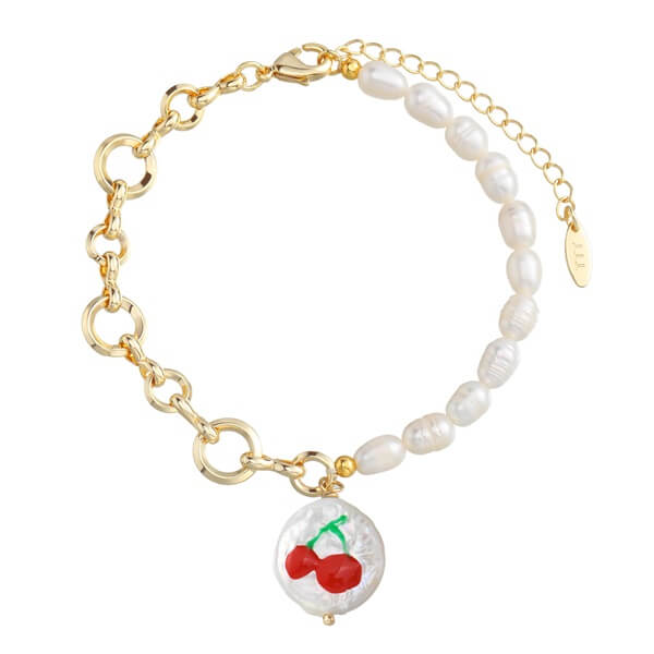 Adjustable Pearl and Chain Bracelet with Sweet Cherries