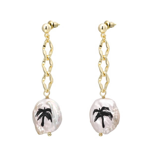 Dangling Black Coconut Tree Pearl Drop Earrings