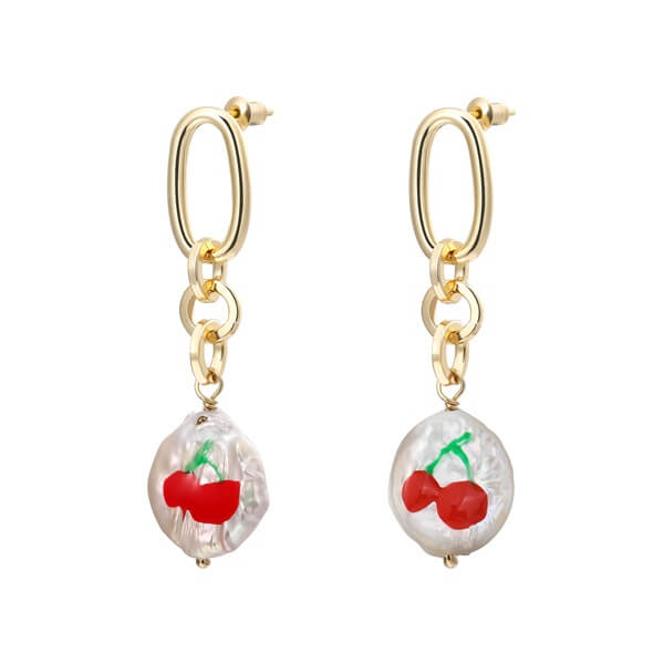 Natural Pearl Earrings with Dripping Oil Cherries