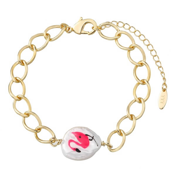 Sparkling Bracelet with a Hand-painted Pink Flamingo