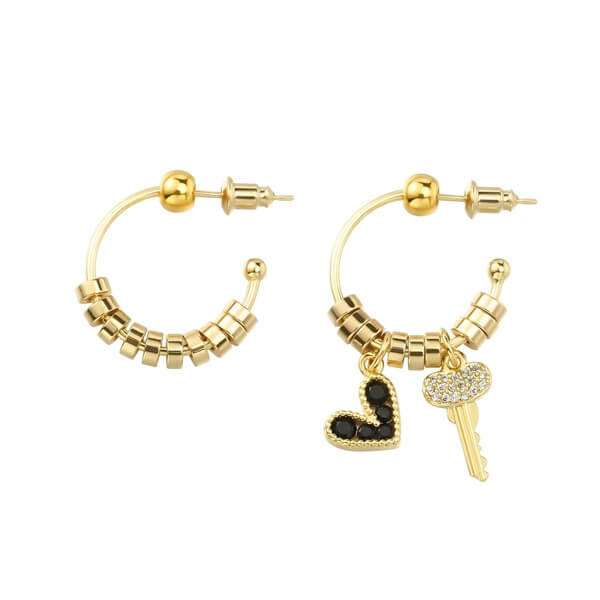 Black Crystal Heart and Zircon Key Pendant Hoops in Gold