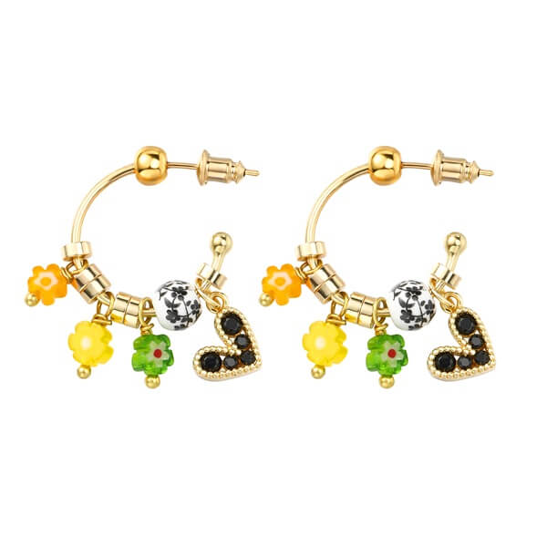 Colorful Ceramic and Flower Beaded Hoops with Heart Drops