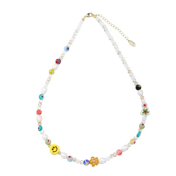 Cute Multi Bead Necklace with Pearls and Crystal Flower Beads