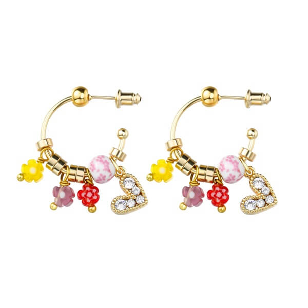 Multicolored Ceramic and Flower Beaded Hoop Earrings with Heart Drops