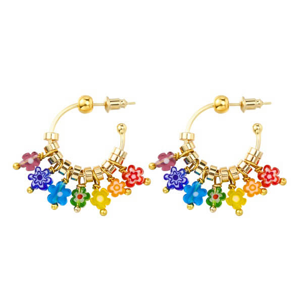 Playful Multicolored Flower Beaded C Hoop Earrings