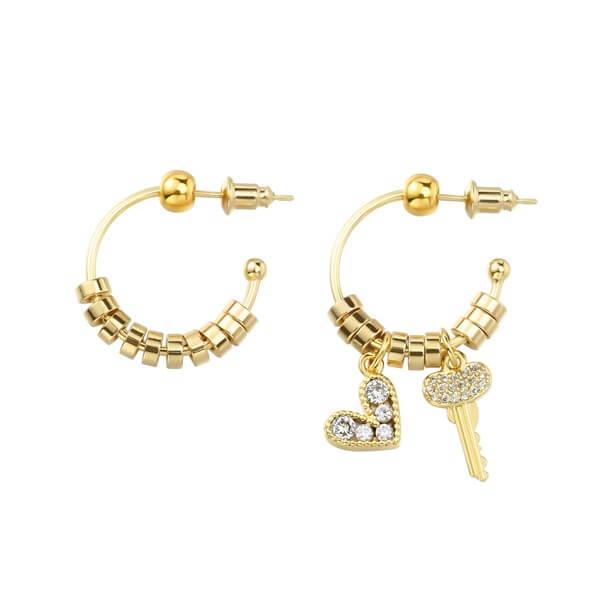 Rhinestone Heart and Zircon Key Pendant Hoops Bling