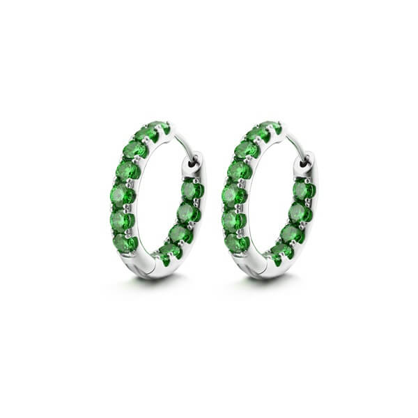 Silver Hoop Earrings with Green Crystal