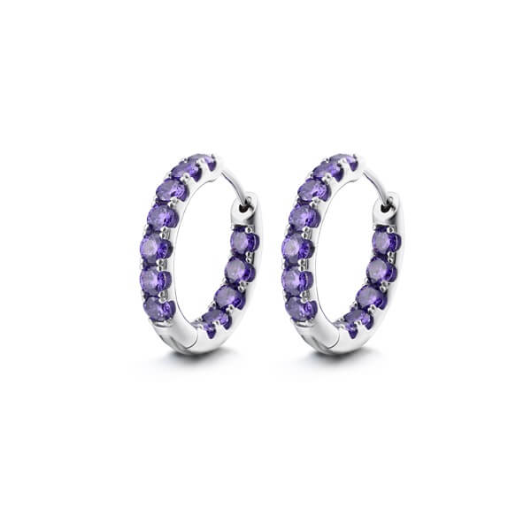 Silver Hoop Earrings with Purple Crystal