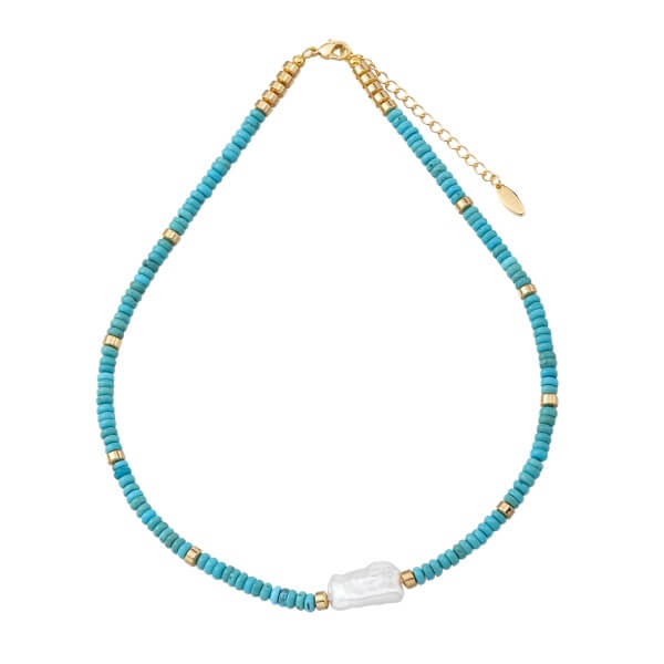 Turquoise Bead Necklace with a Baroque Pearl