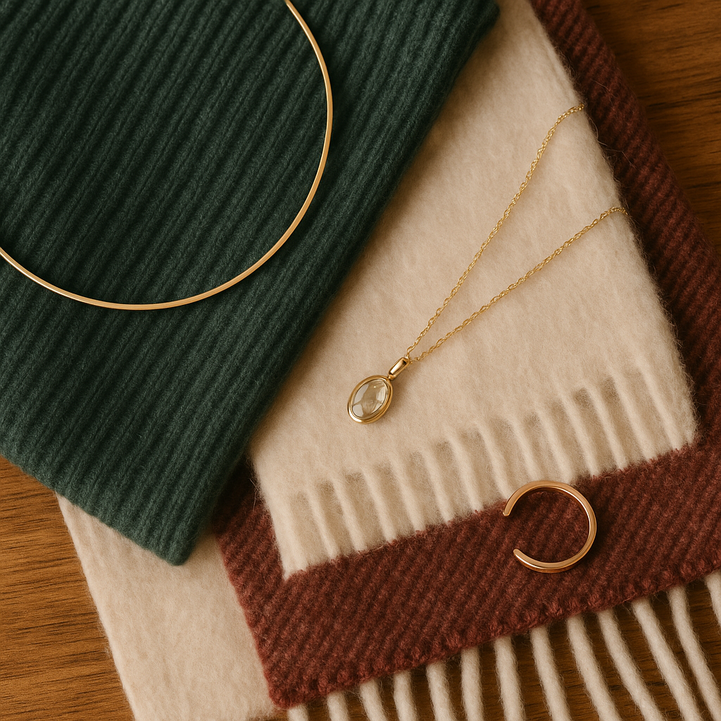 Assorted gold and silver jewelry displayed on a neutral-toned fabric background for FallWinter 2025 collection